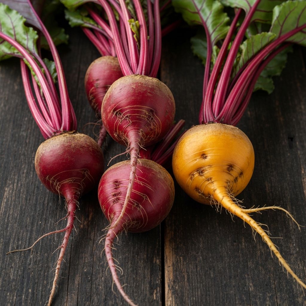 Fresh red and golden beets with soil, arranged on wooden surface