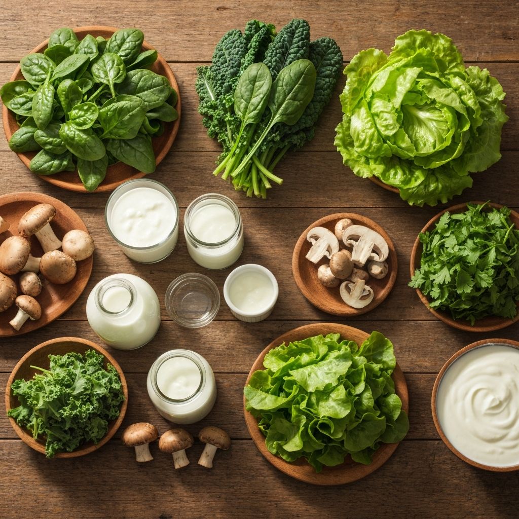 Various natural vitamin sources including vegetables, mushrooms, dairy products on wooden surface